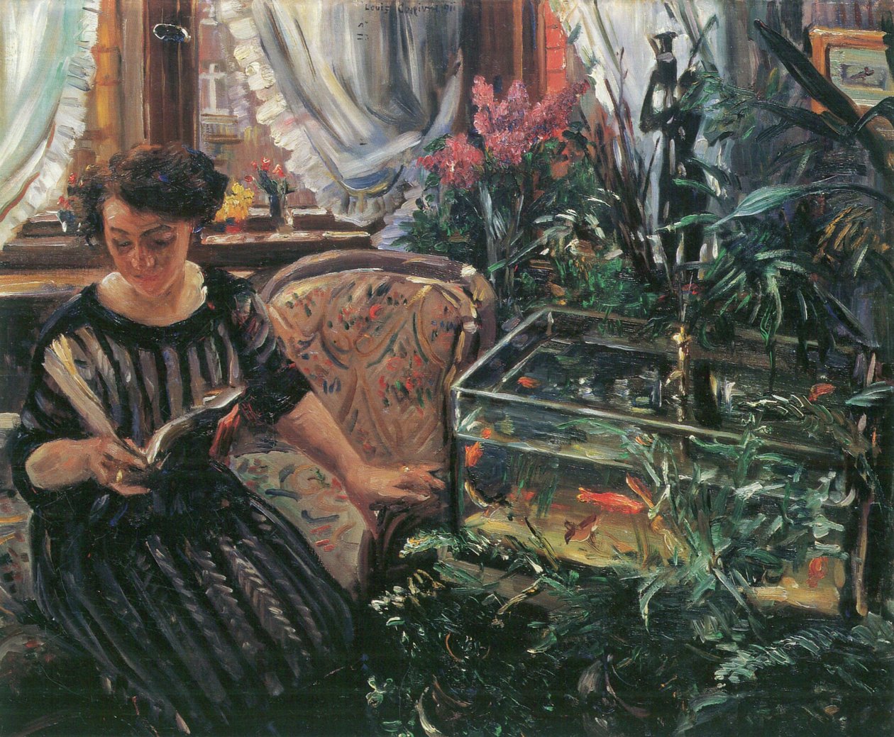Dame ved gullfiskbassenget Kunstnerens kone av Lovis Corinth