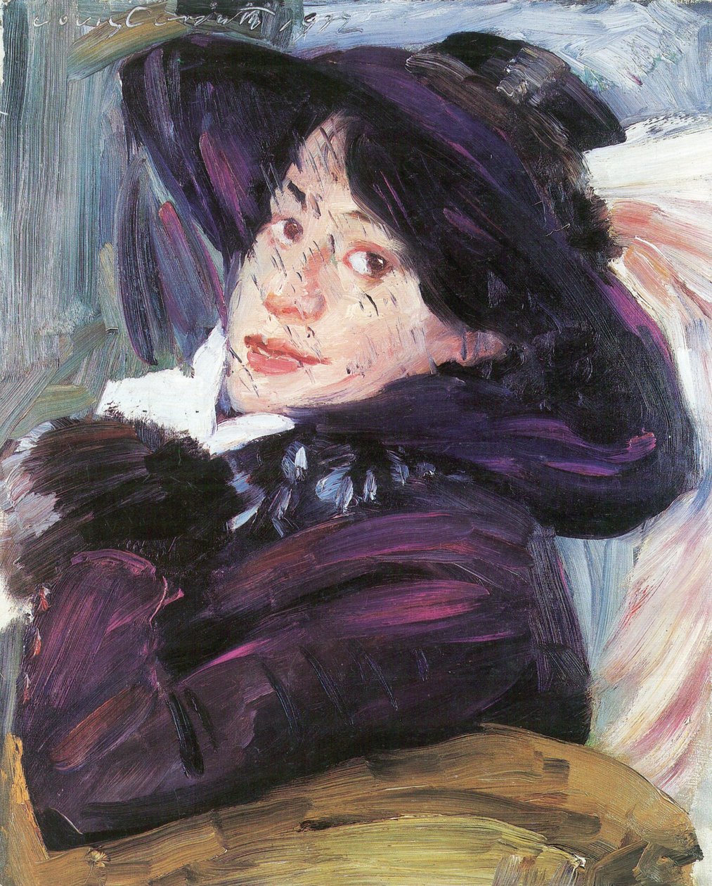 Portrett av en kvinne med en lilla hatt av Lovis Corinth