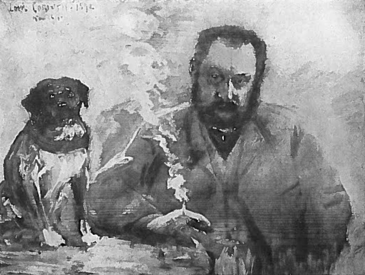 Herre ved bordet med hunder av Lovis Corinth