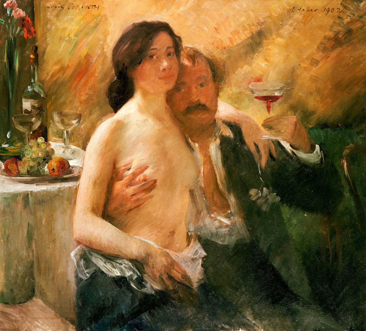 Selvportrett med naken kvinne og glass av Lovis  Corinth