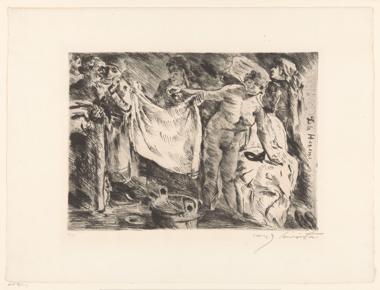 En gruppe kvinner, en naken og en annen holder opp et tøy Die Hexen (tittel på objekt) av Lovis Corinth (signed by artist)