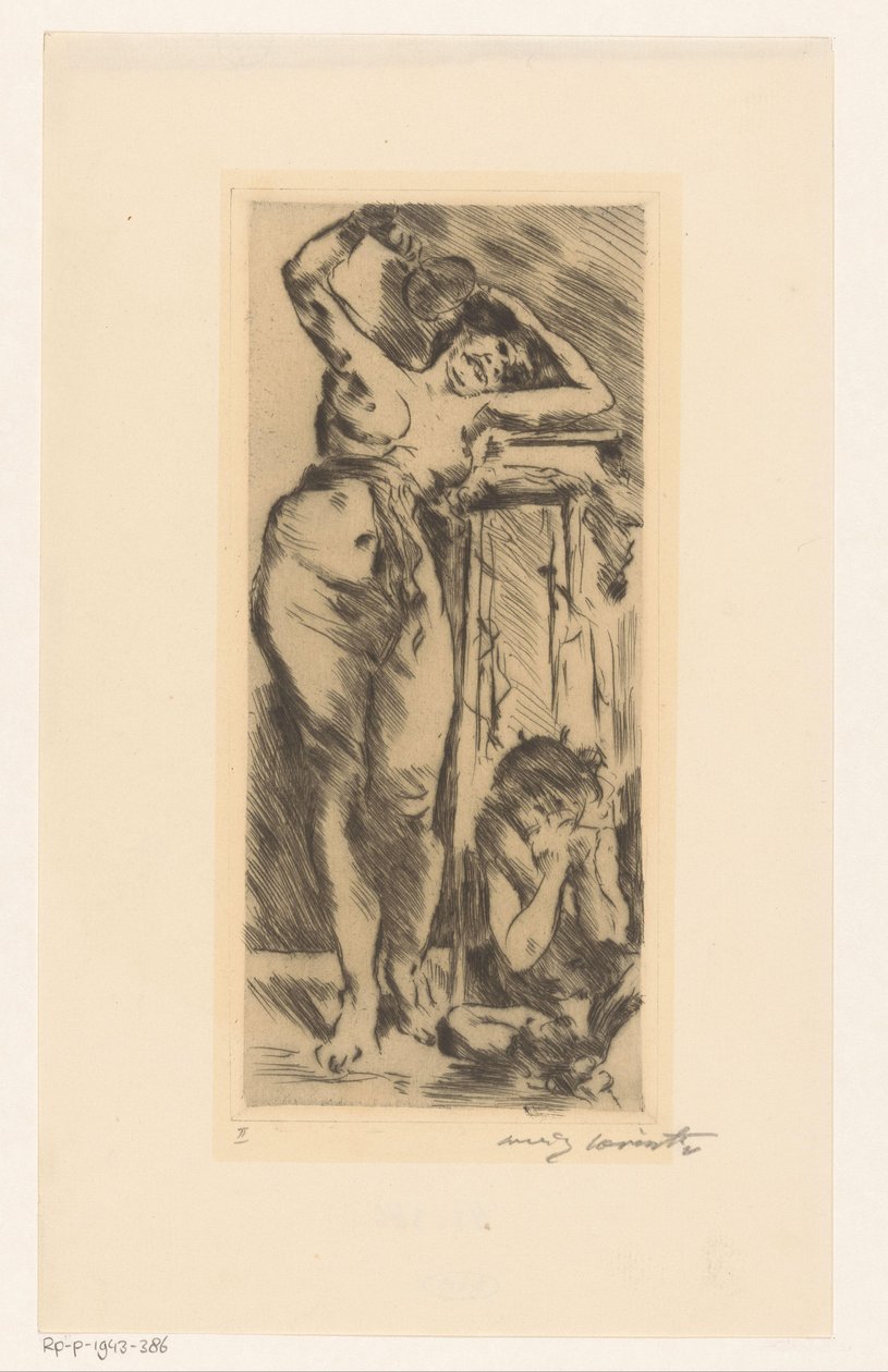 Naken kvinne med vifte i hånden og en sammenkrøpet figur til høyre av Lovis Corinth (signed by artist)