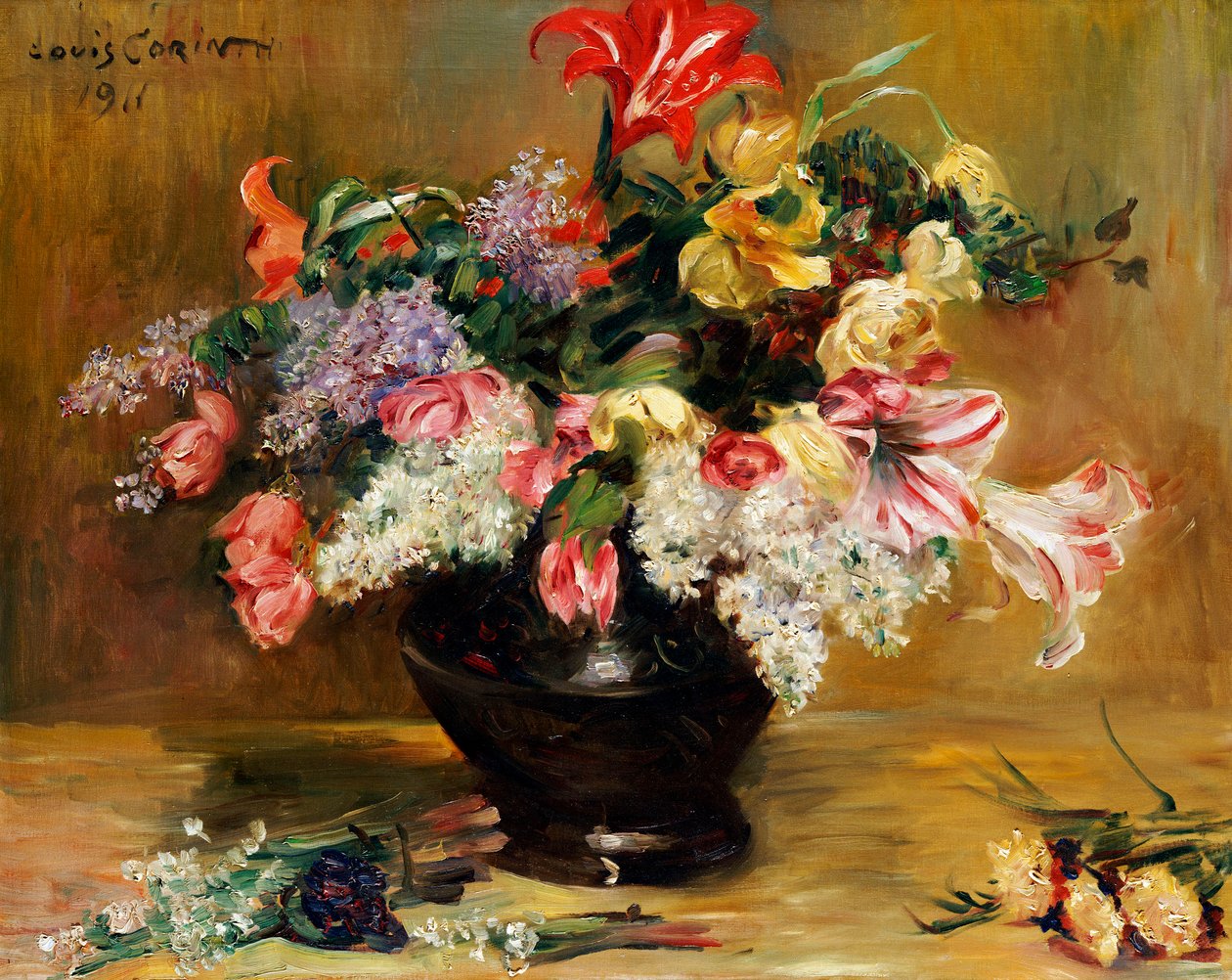 Amaryllis, lilla og tulipaner, 1911 av Lovis Corinth