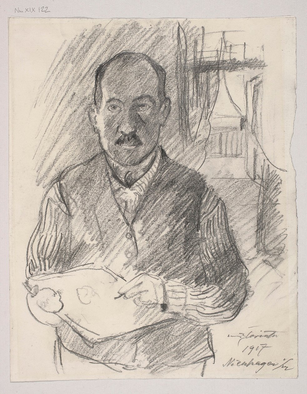 Selvportrett; verso: landskapsskisse av Lovis Corinth