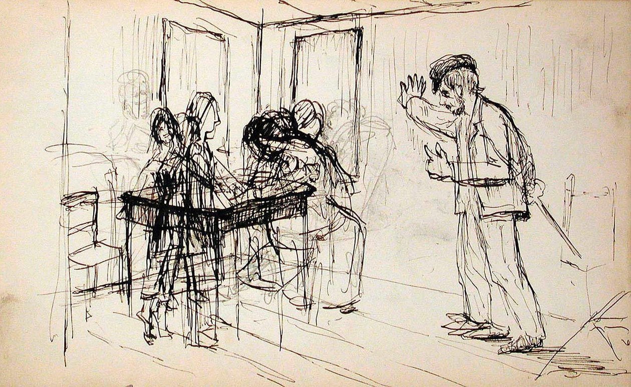 Tømmerhytte (recto), figurer i interiør (verso) av Lovis Corinth