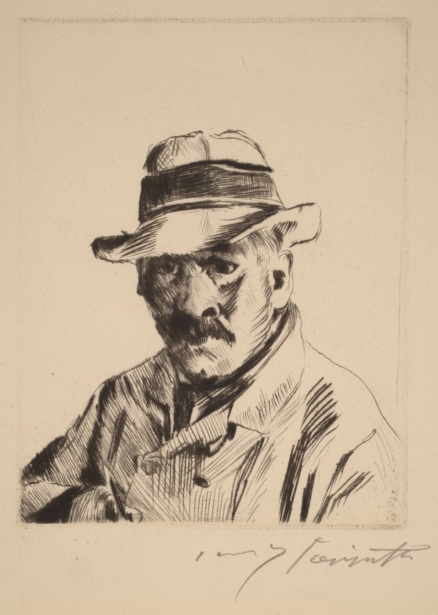 Selvportrett med stråhatt, brystbilde av Lovis Corinth