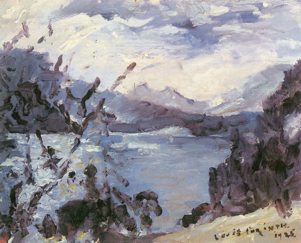 Walchensee med fjellkjede og skråning ved bredden av Lovis Corinth
