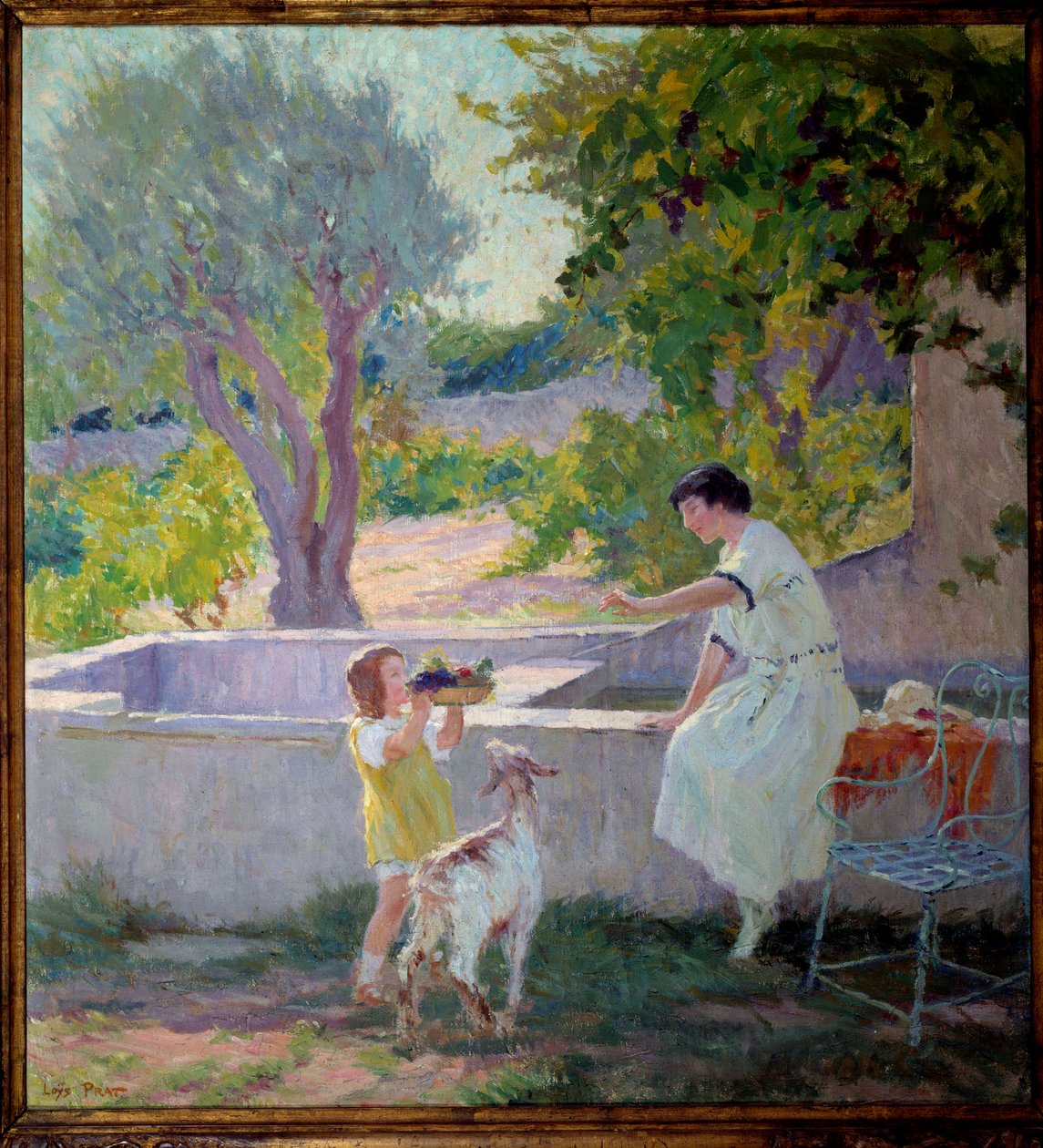 Madame Prat og datteren hennes i hagen med den lille geiten Maleri av Joseph Loys Prat (1879-1934), 1900-tallet. Ordfører i Donzere. av Loys Prat