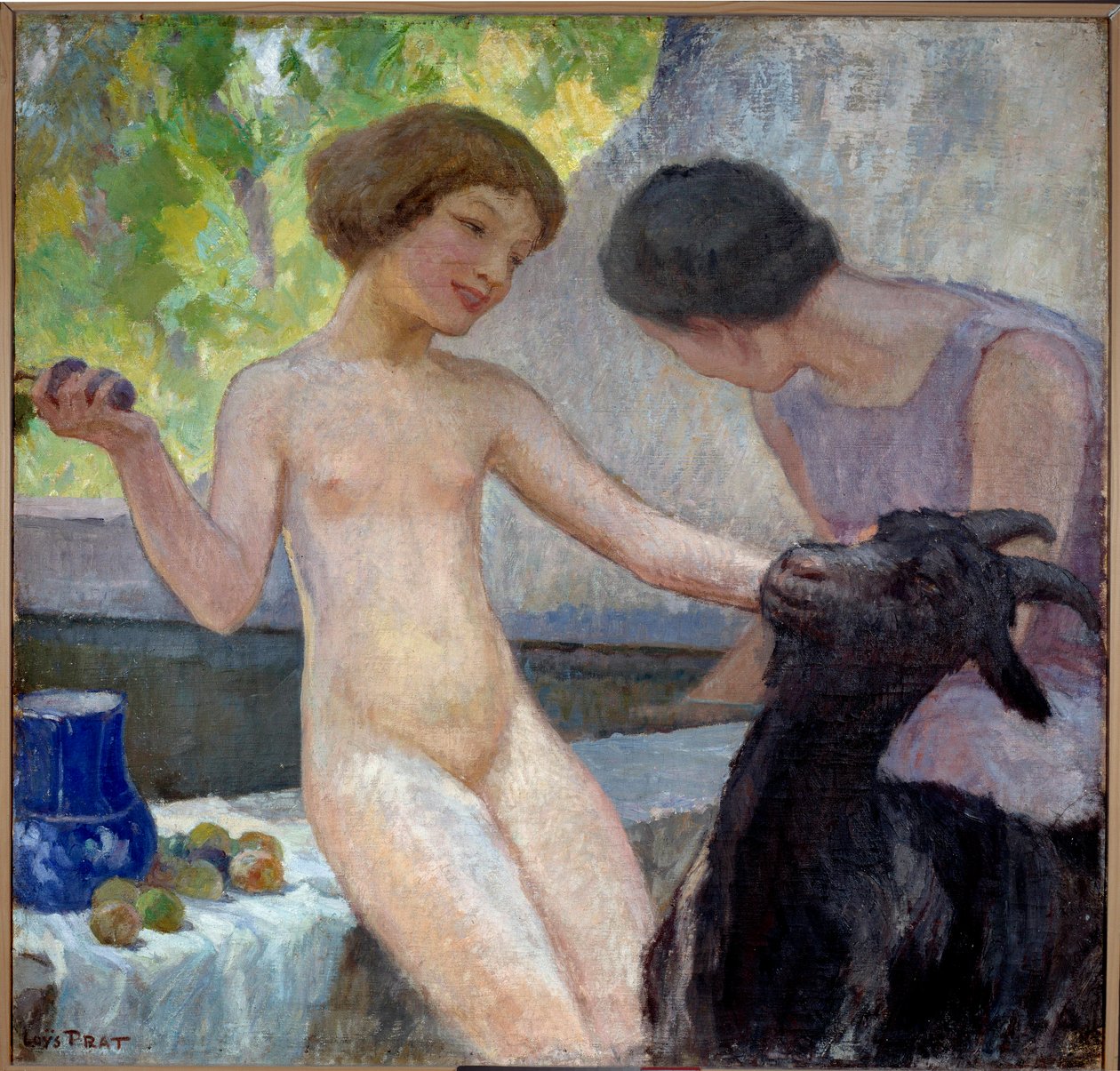 Naken jente leker med en geit Maleri av Joseph Loys Prat (1879-1934), 1900-tallet. Olje på lerret. Donzere, rådhuset. av Loys Prat