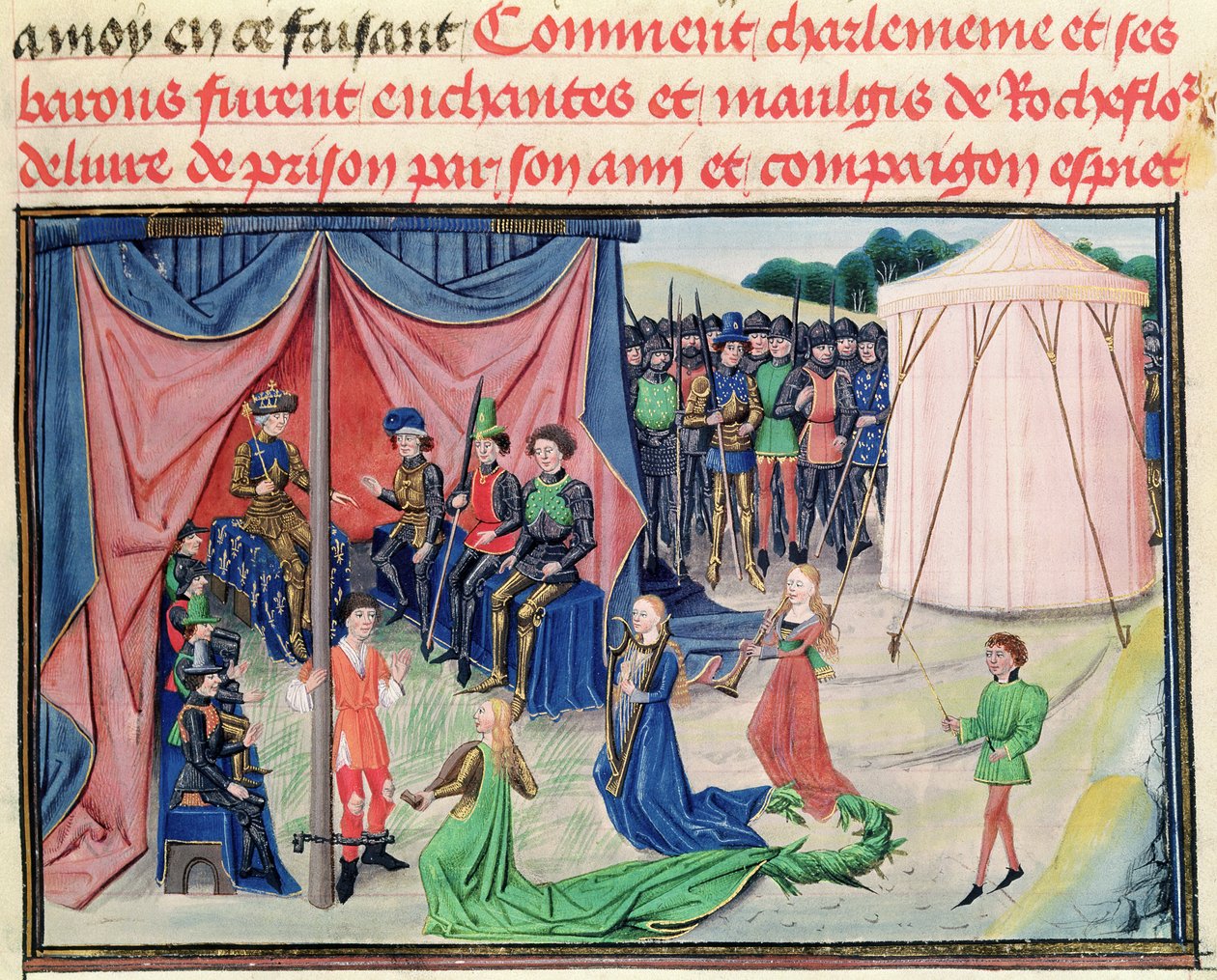 Ms 5072 f.233v Charlemagne og hans baroner blir fortryllet, fra Renaud de Montauban-syklusen av Loyset Liedet
