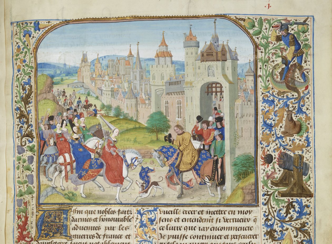 Isabella av Frankrike ønsket velkommen av broren Charles IV til Paris, ca 1470-1475. av Loyset Liedet