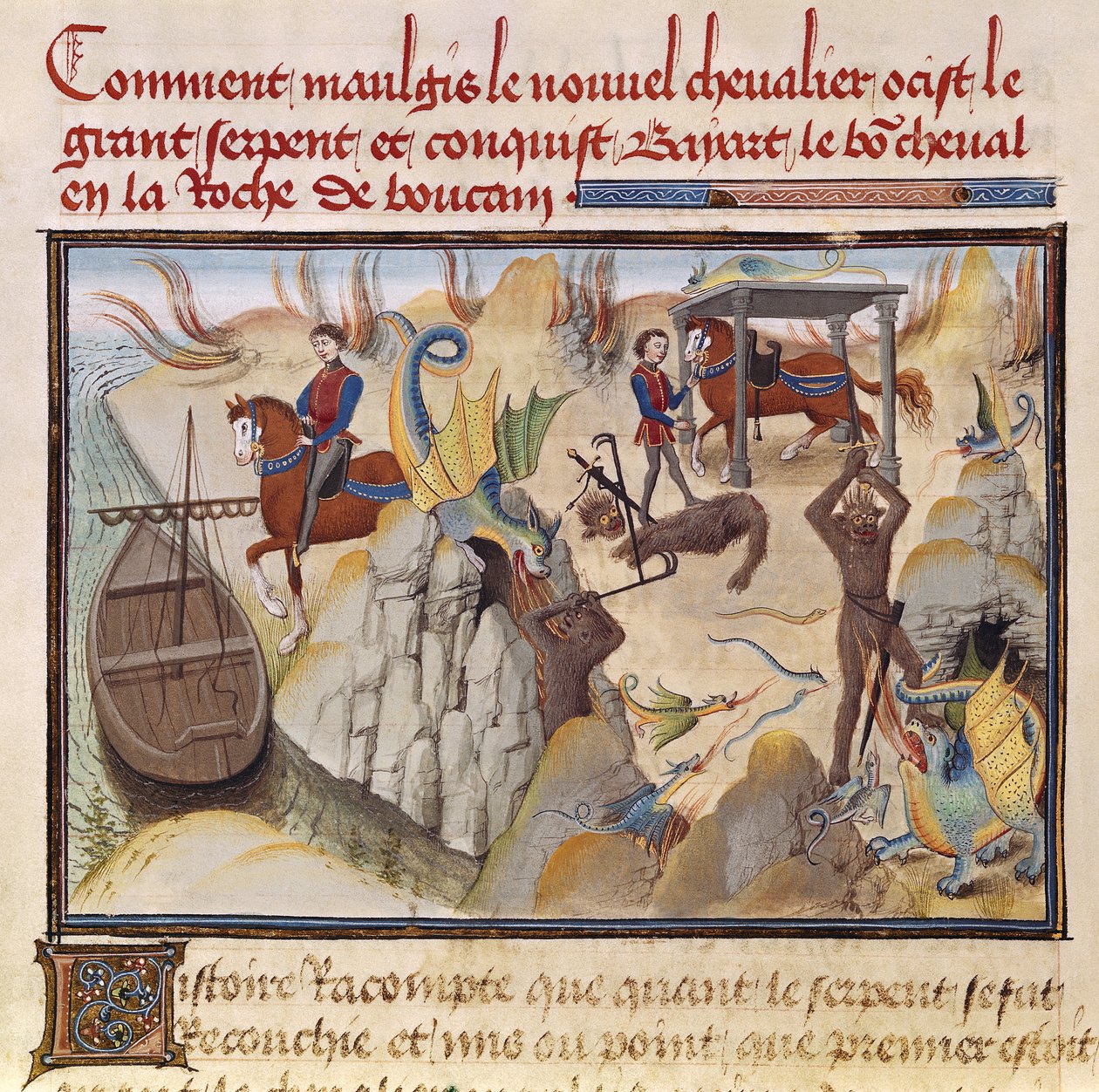 Ms 5072 fol.37v Maugis Fighting the Serpent and Gaining the Enchanted Horse, Bayard, fra Renaud de Montauban-syklusen av Loyset Liedet