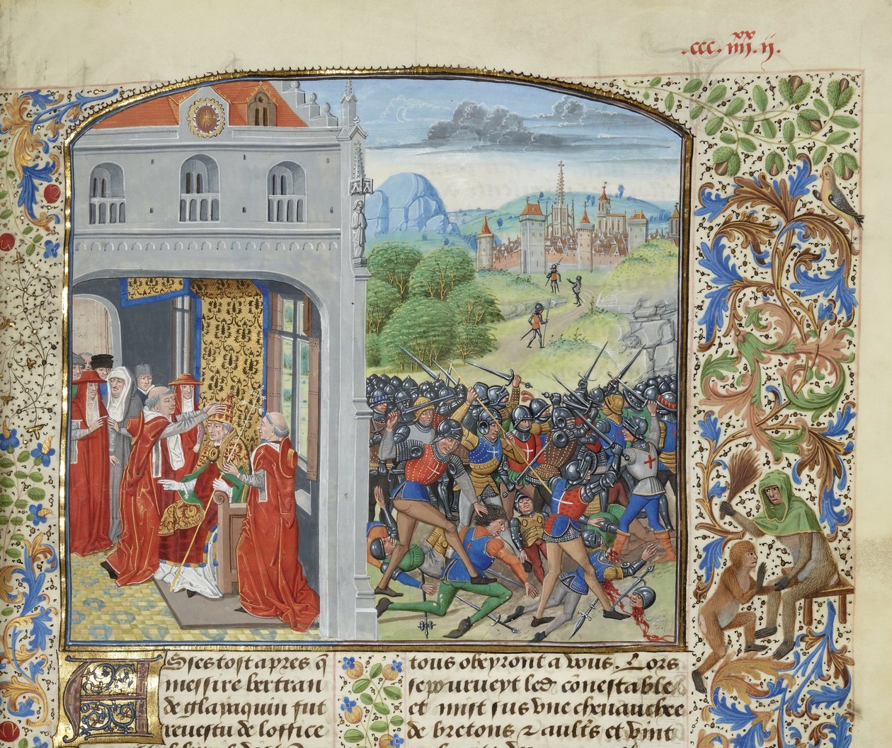 Kroningen av pave Gregor XI og slaget ved Pontvallain, 1370, ca 1470-1475. av Loyset Liedet