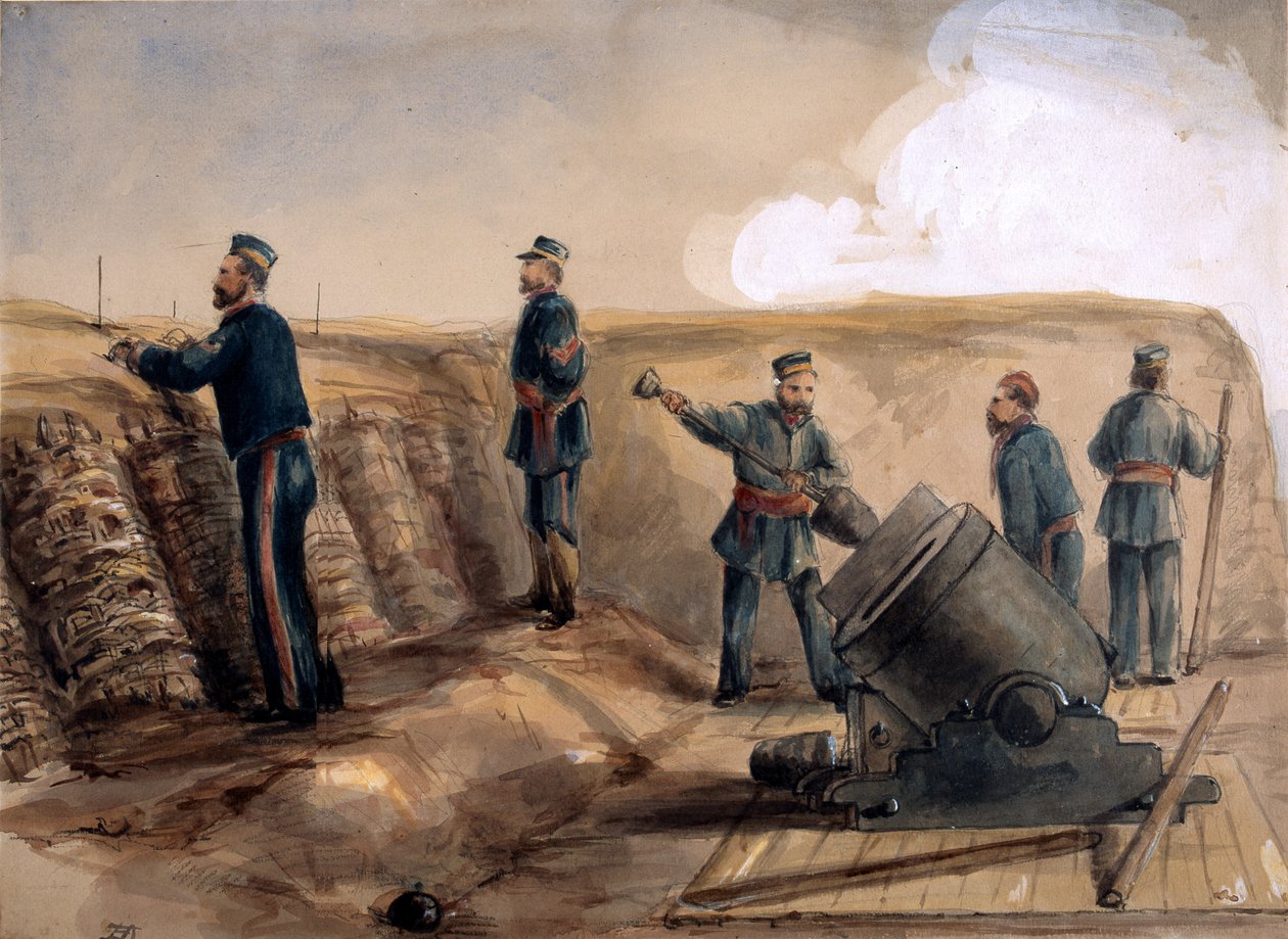 En 13-tommers mørtel av Royal Artillery i aksjon, 1855 (wc over blyant på papir) av Lt. Henry James Alderson