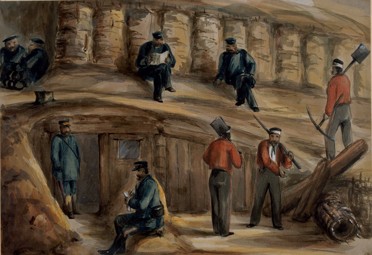 Skyttere fra Royal Regiment of Artillery hviler i skyttergravene til Sebastopol, ca. 1855 av Lt. Henry James Alderson