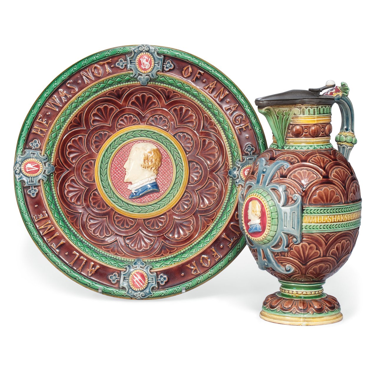 En Minton majolica ewer og stativ av Ltd Mintons