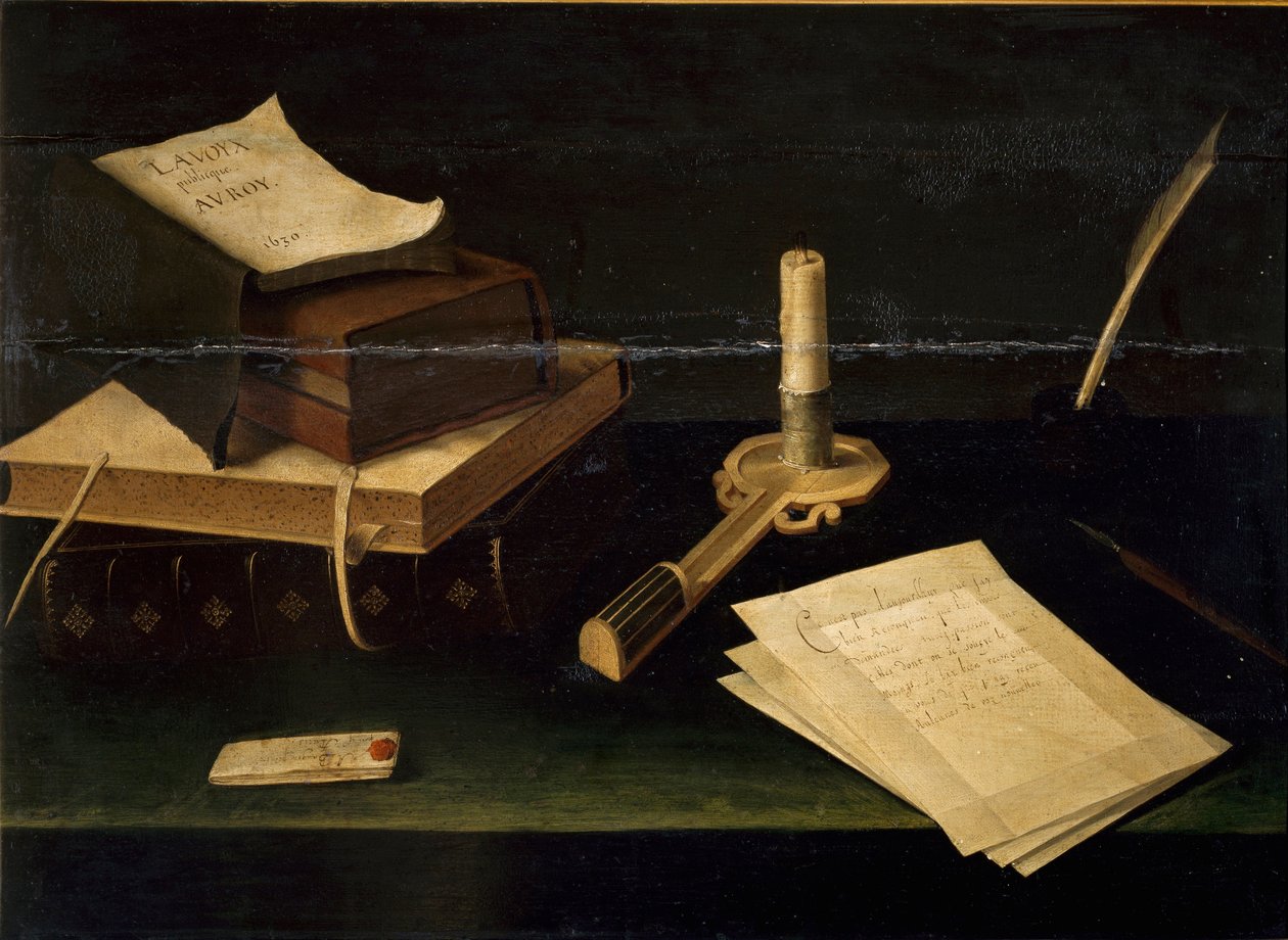 Stilleben av bøker, fjær, brev og lysmaleri av Lubin Baugin (1610-1663) Roma Galleria Spada fra 1600-tallet av Lubin Baugin