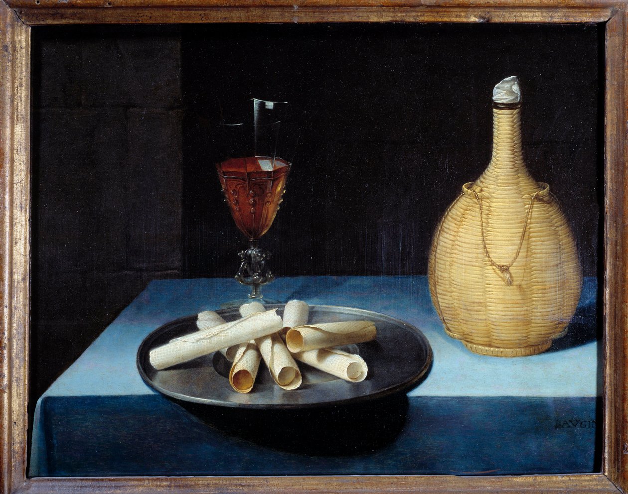 Stillebensoblatdessert av kjeks, vinflaske og glass. Maleri av Lubin Baugin (1612-1663) 1600-tallet søn. 0,41x0,52 m . av Lubin Baugin