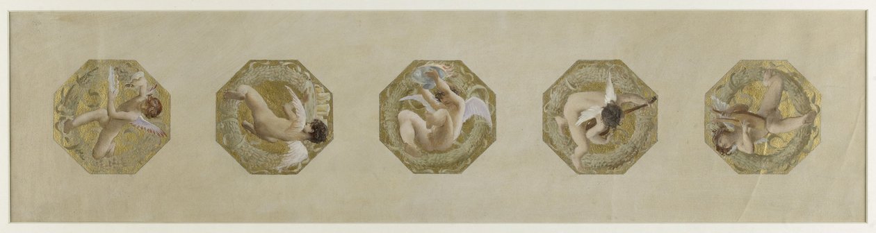 Skisse for Hôtel de Ville de Paris, Festlig trapp: Ånder iført festlige attributter, ca. 1888 (olje på papir) av Luc-Oliver Merson