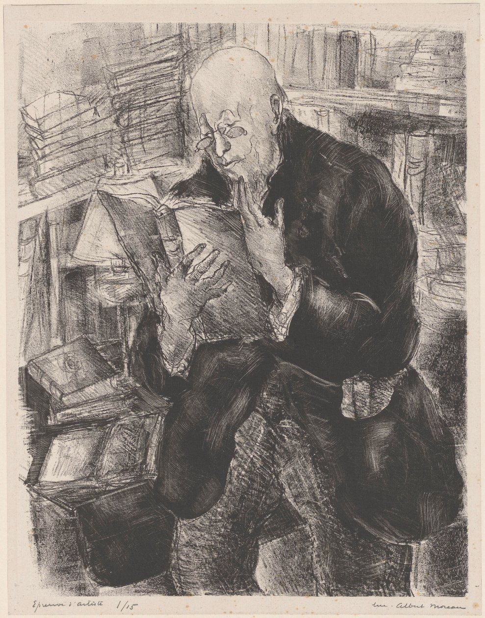 Mann som leser i et bibliotek av Luc Albert Moreau (signed by artist)