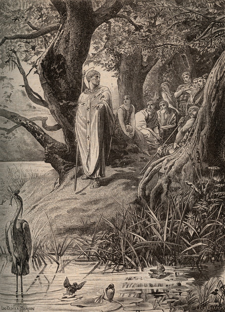 Beklager fra fiskefuglene, fortalt av Saint Martin til innbyggerne ved bredden av Loire - gravering av Luc Olivier Merson (1846-1920) av Luc Oliver Merson