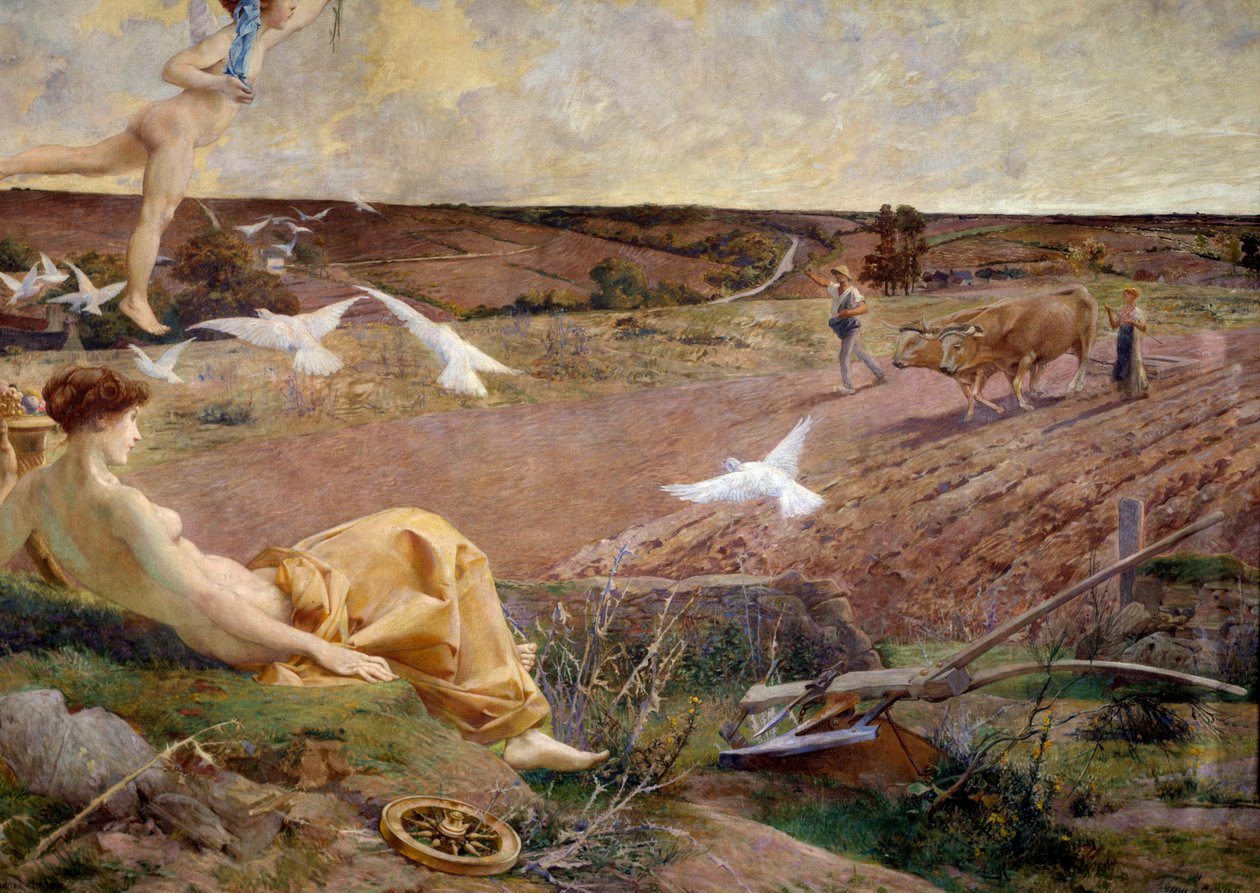 Fortune allegorisk representasjon av overflod og fruktbarhet. En bonde som pløyer åkeren sin i bakgrunnen. Detalj. Maleri marouflee på gips av Luc Olivier Merson (1846-1920) 1901 Søn. 2,22x2,9 m Paris, musee d