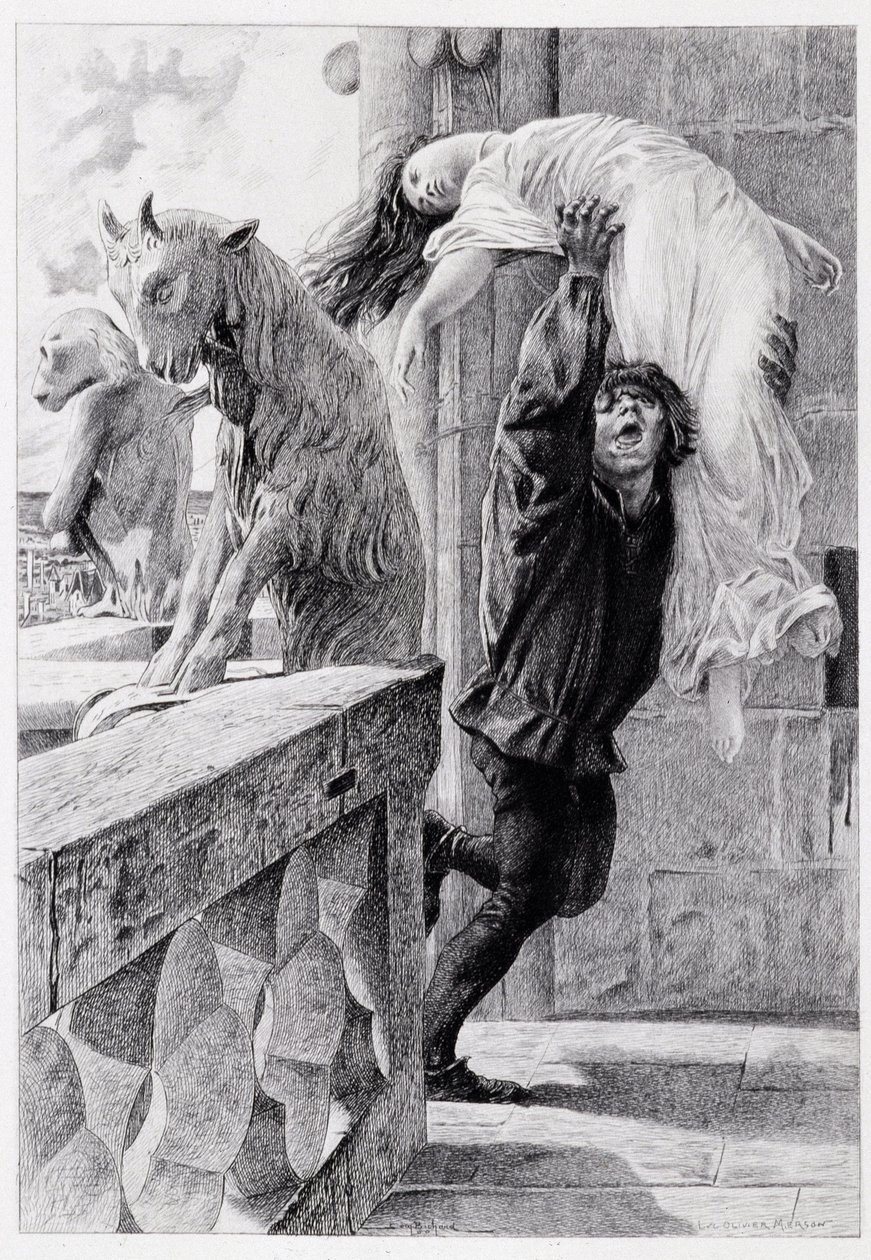 Quasimodo ableve Esmeralda - i "Notre Dame de Paris"" av Victor Hugo av Luc Olivier Merson, gravert av Gery Bichard, red. E. Testard, Paris av Luc Oliver Merson