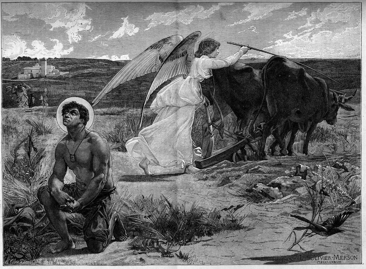 Saint Isidore, patron of the plowers. An angel helps Saint Isidore plow a field with a plow. 19th century. Engraving after the painting by Luc Olivier Merson (1846-1920). In “” The Illustrous World”” n°1294 of January 21 av Luc Oliver Merson
