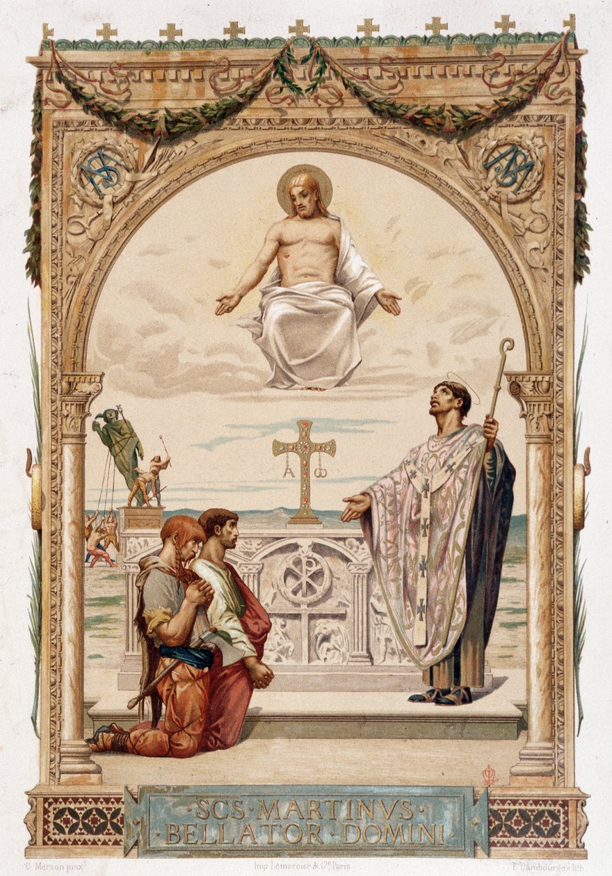 Saint Martin (Saint Martin) evangelist av Gallia under Kristi øye - chromo. ifølge et maleri av Merson av Luc Oliver Merson