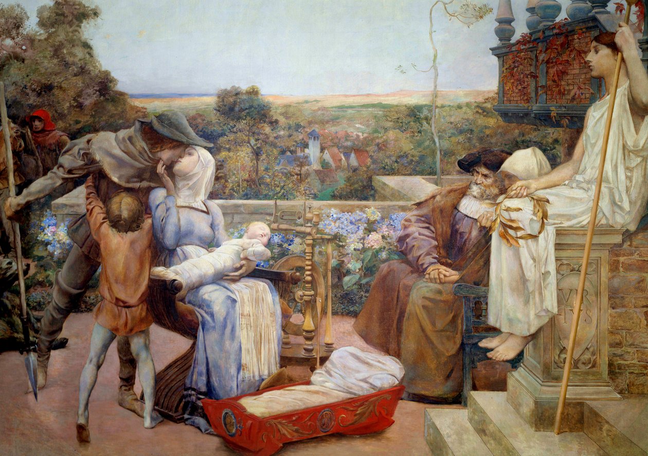 Familien En rik familie i middelalderen, moren holder spedbarnet i armene og kysser mannen sin. Dekor fra Hotel Watel-Dehaynin i Paris. Maling av marufle på gips av Luc Olivier Merson (1846-1920) 1901 Søn. 2,22x2,95 m Paris, mus av Luc Oliver Merson