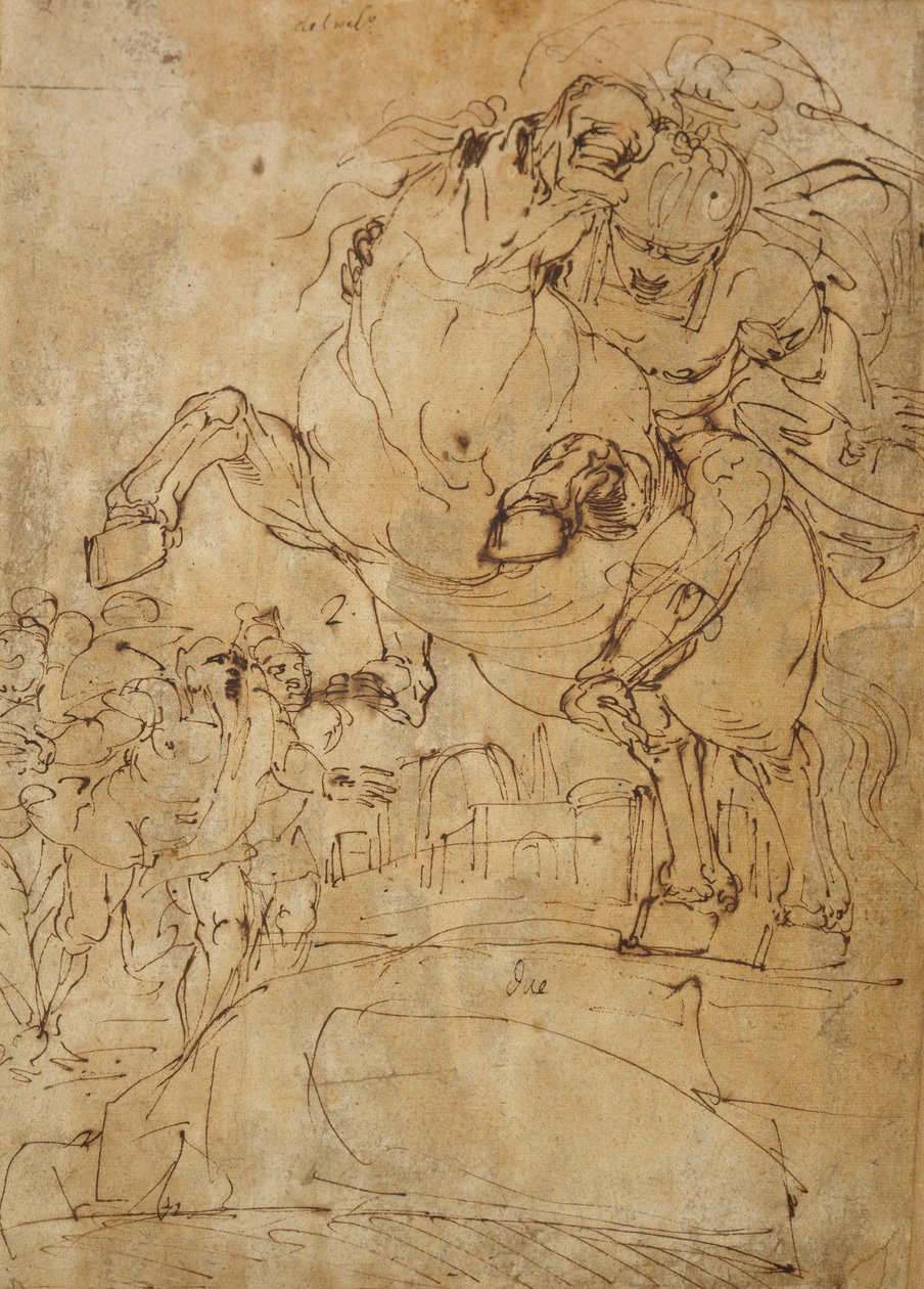Marcus Curtius hopper inn i avgrunnen, ca. 1574 (penn og brunt blekk på papir) av Luca Cambiaso