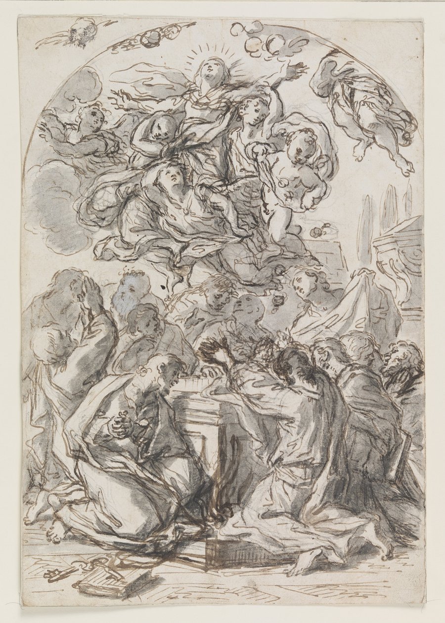Antagelse av jomfruen; verso- Head of a Woman and Child av Luca Giordano