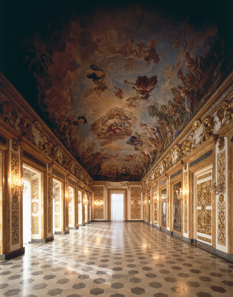 Utsikt over loggiaen med takfreskomalerier som viser apoteosen til det andre Medici-dynastiet, 1670-88 av Luca Giordano