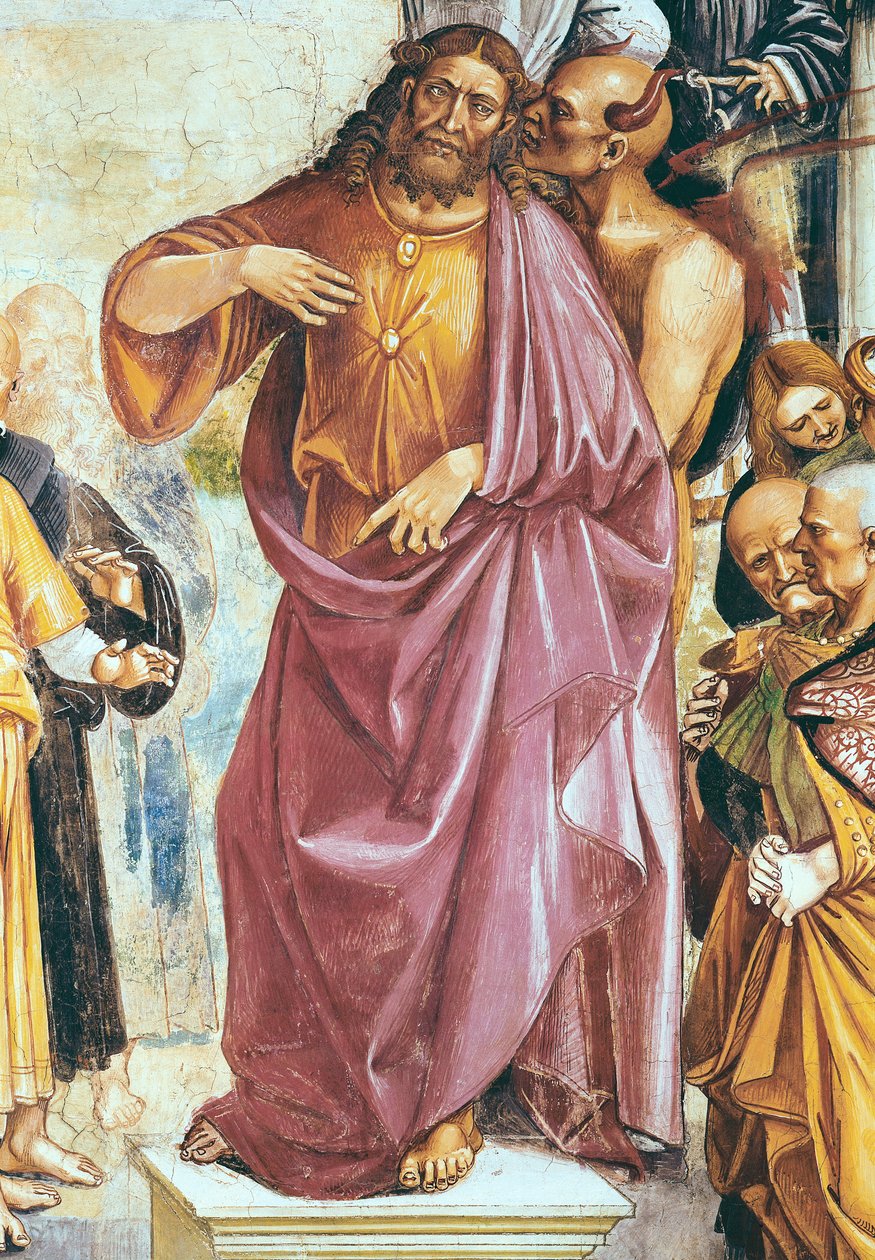Antikrists forkynnelse, detalj om Kristus og djevelen, fra kapellet til Madonna di San Brizio, 1499-1504 av Luca Signorelli