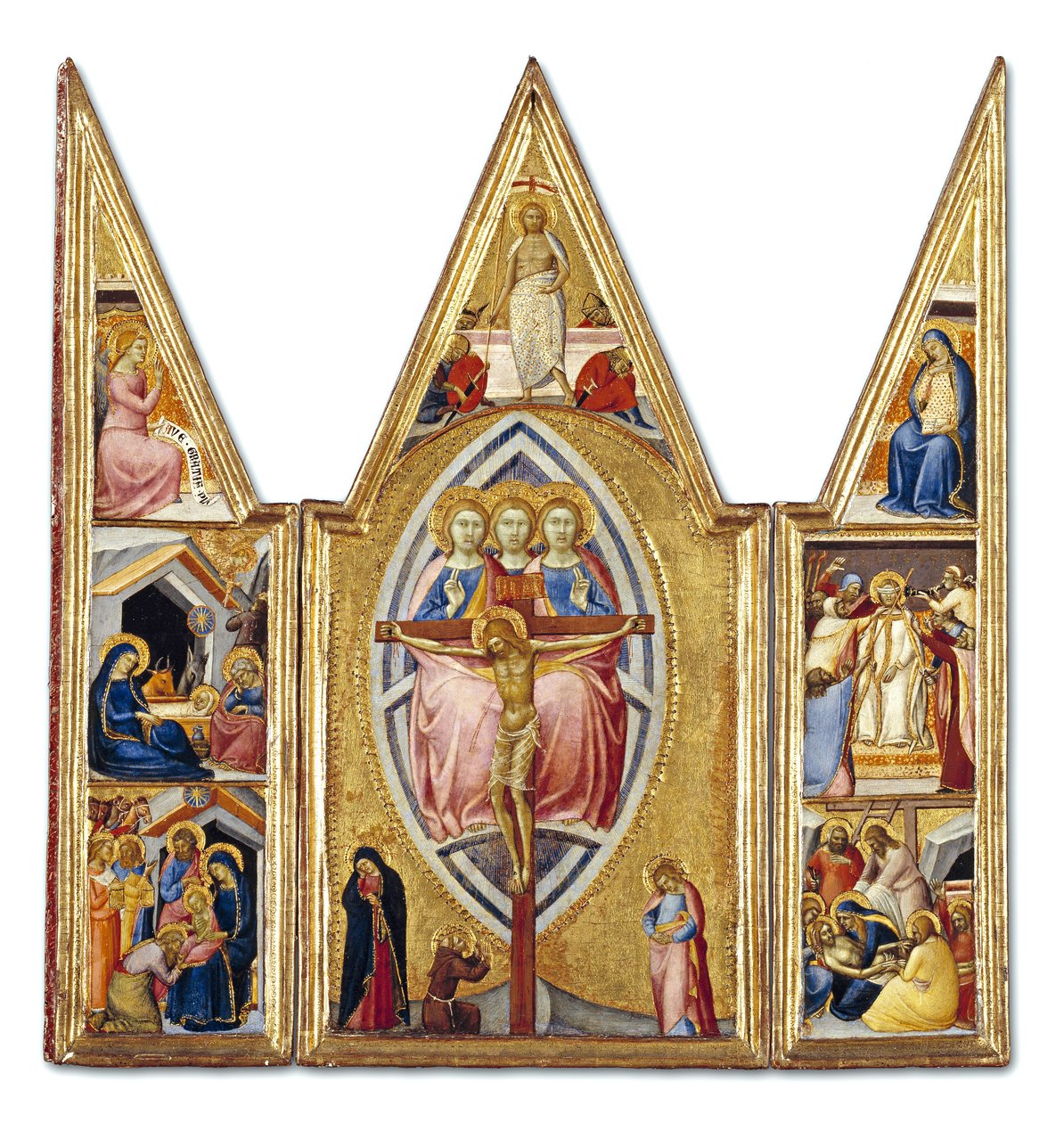 Treenigheten og korsfestelsen med scener fra Kristi liv, ca. 1355 (tempera på panel) av Luca di Tommè