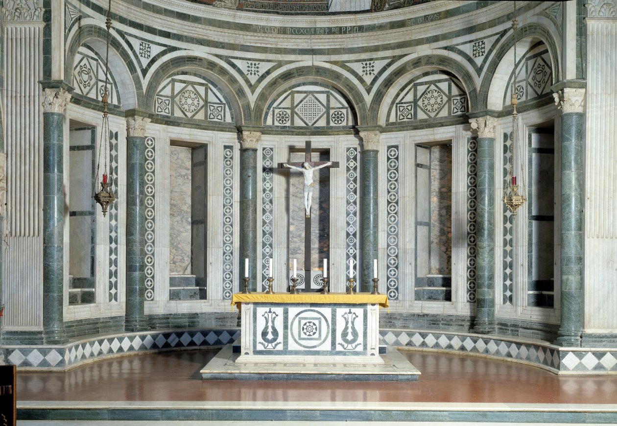 Marmor apsis og terrakotta-krusifiks av Luca Della Robbia