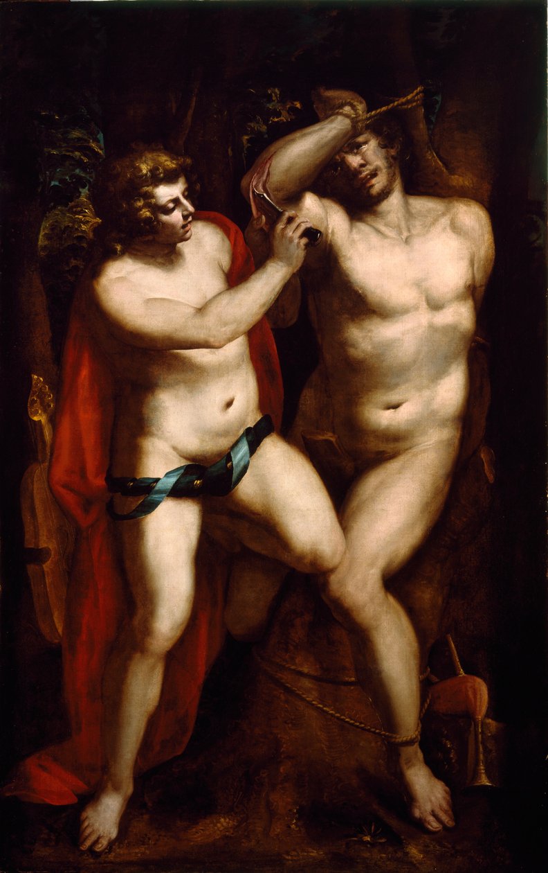 Apollo og Marsyas Satyren blir straffet for å ha trosset Apollo til lyren og er utestengt av den. Maleri av Luca Cambiaso (eller Cambiasi, Cangiagio) dit Lucchetto da Genova) (1527-1585) Privatsamling fra 1500-tallet av Luca Cambiaso