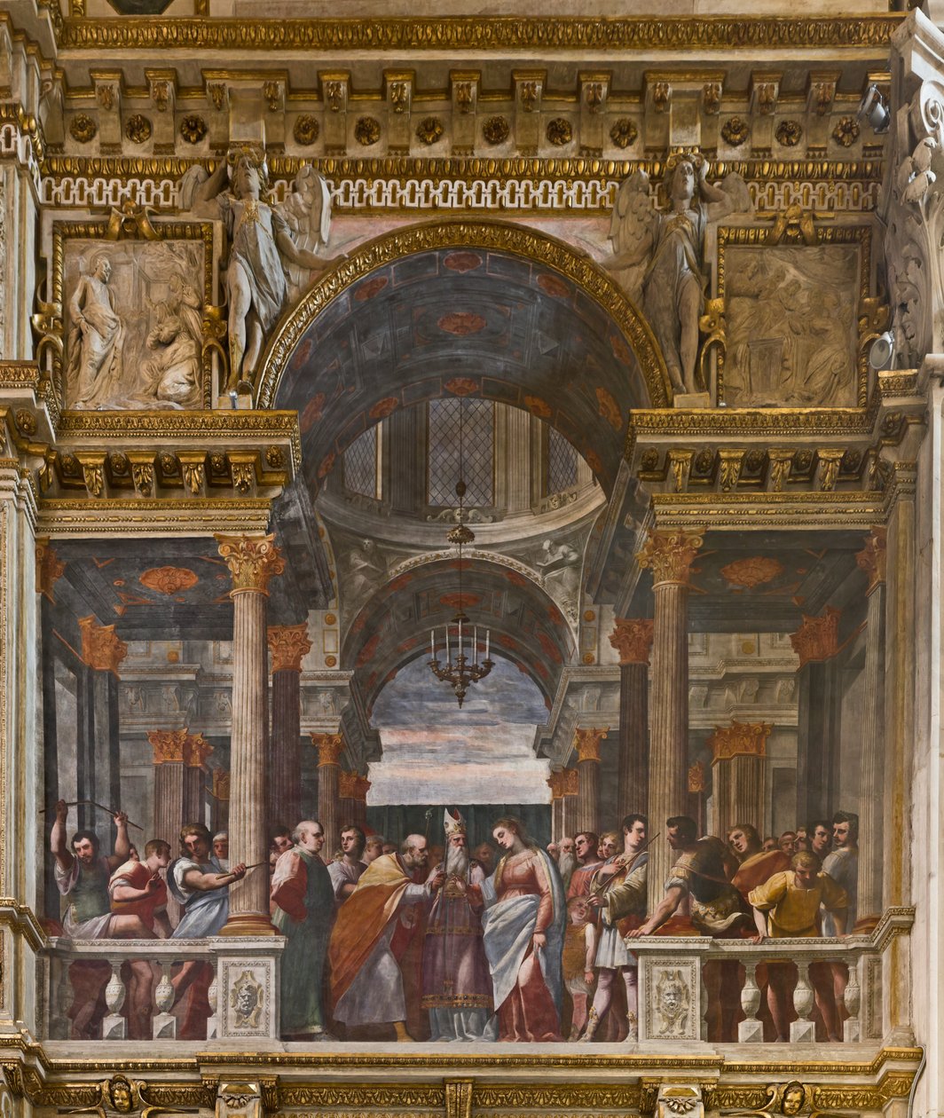 Genova, Duomo (St. Lawrence-katedralen), innvendig, Lercari-kapellet eller kapellet til det hellige sakrament (nordlige apsis), sørsiden: "Jomfruens trolovelse", freskomaleri av Luca Cambiaso av Luca Cambiaso