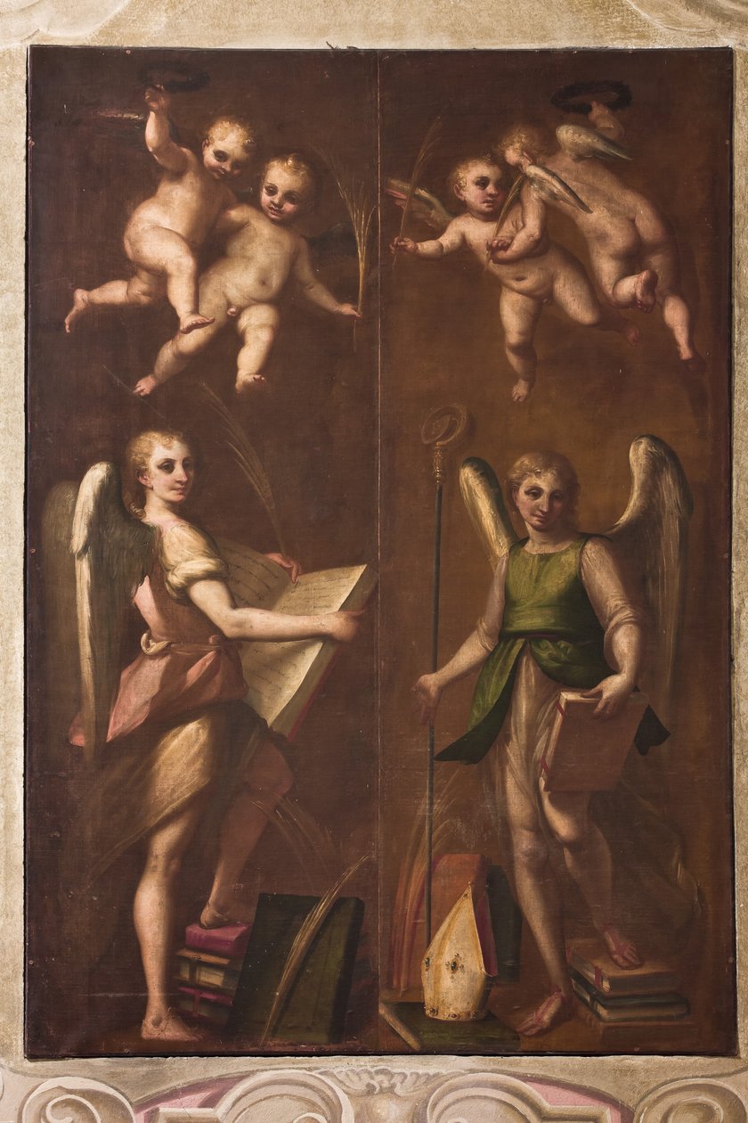 Genova, Duomo (St. Lawrence Cathedral), sakristi, kapell: "Engler med episkopale insignier, bøker og palmegrener", av Luca Cambiaso, ca 1580 av Luca Cambiaso