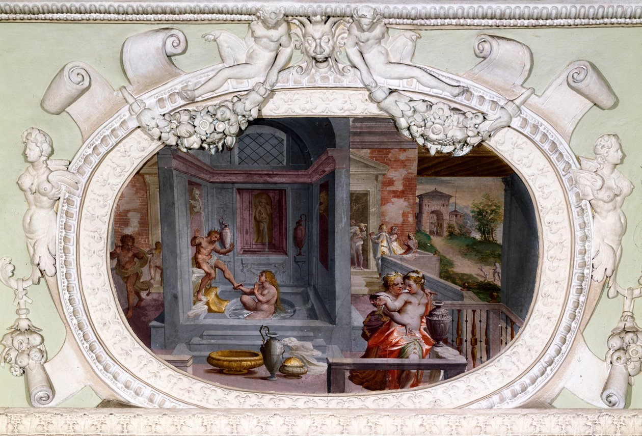 Scener av bad, forførelse. Fresco av Luca Cambiaso (1527-1585) av Luca Cambiaso