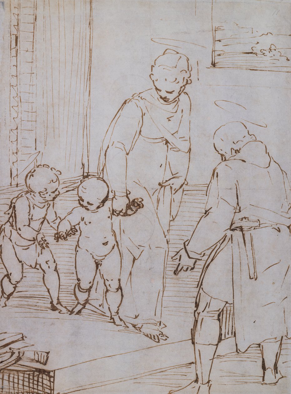 De første trinnene til den unge Jesus (pensel og brunt blekk på papir) av Luca Cambiaso