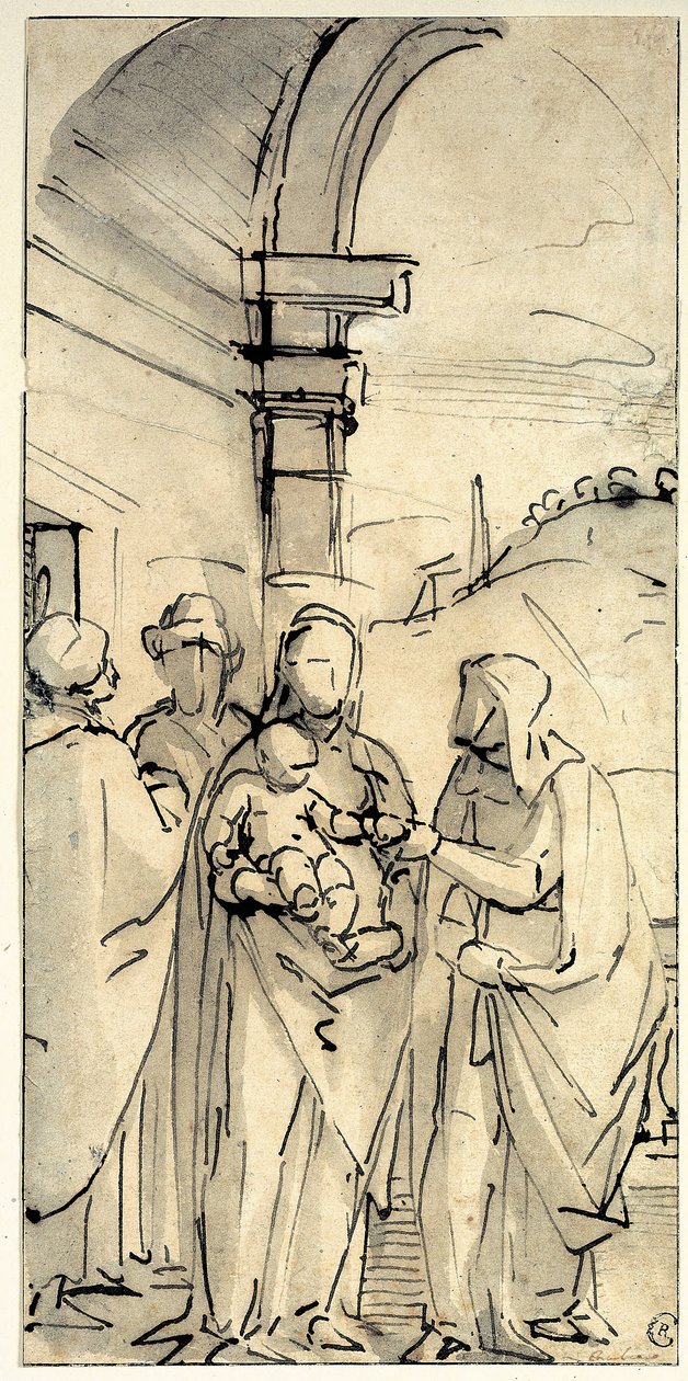 Den hellige familie med Sts Anne og Joachim av Luca Cambiaso