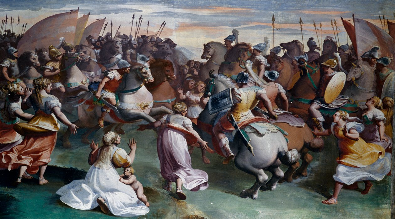 The Rape of Sabine (1500-tallet), av Luca Cambiaso (1527-1585), freskomaleri, Villa Imperiale, Genova, Liguria, Italia av Luca Cambiaso