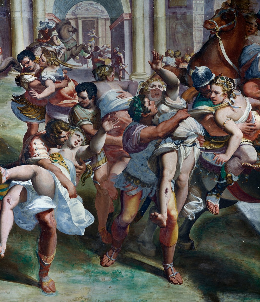 The Rape of Sabine Women (1500-tallet), av Luca Cambiaso (1527-1585), fresco, Villa Imperiale, Genova, Liguria, Italia, detalj av Luca Cambiaso