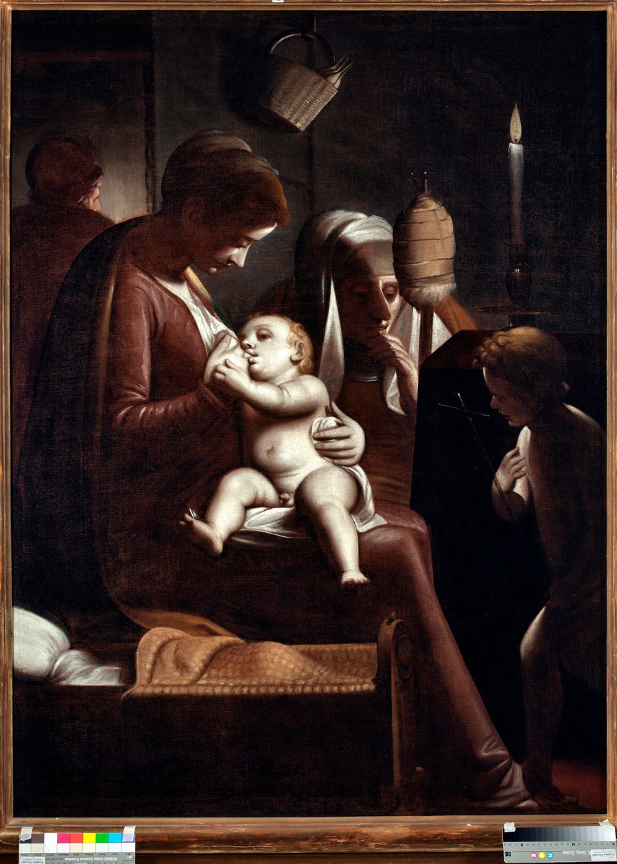 Jomfru og barn med døperen Johannes eller "" Jomfru et stearinlys" eller "" Hellig familie med den hellige Anne og døperen Johannes"" (Jomfru med et lys) Maleri av Luca Cambiaso (1527-1585) av Luca Cambiaso
