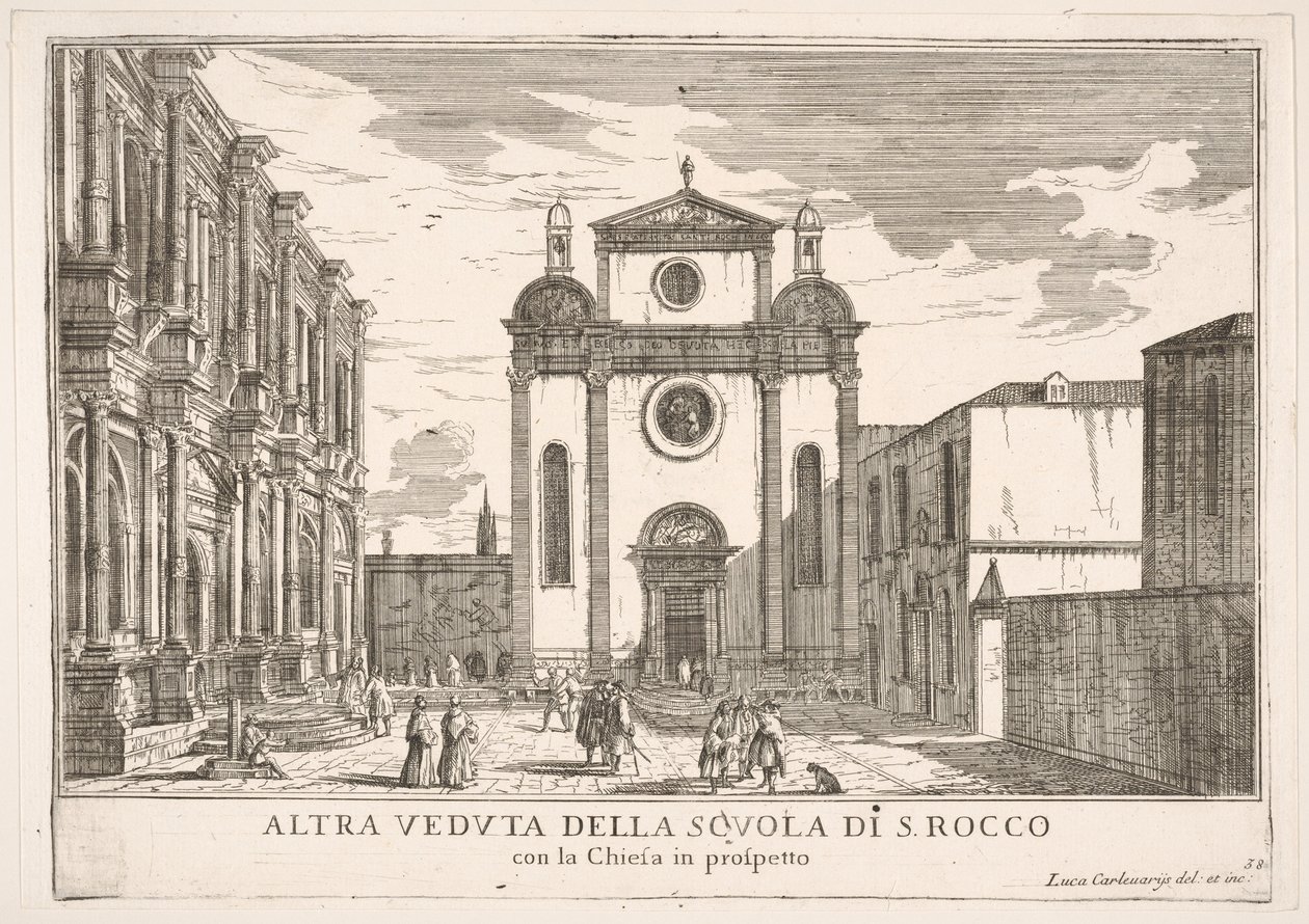 Plate 38: Utsikt over fasaden til kirken St. Roch og til venstre fasaden til Schoo..., 1703. av Luca Carlevarijs