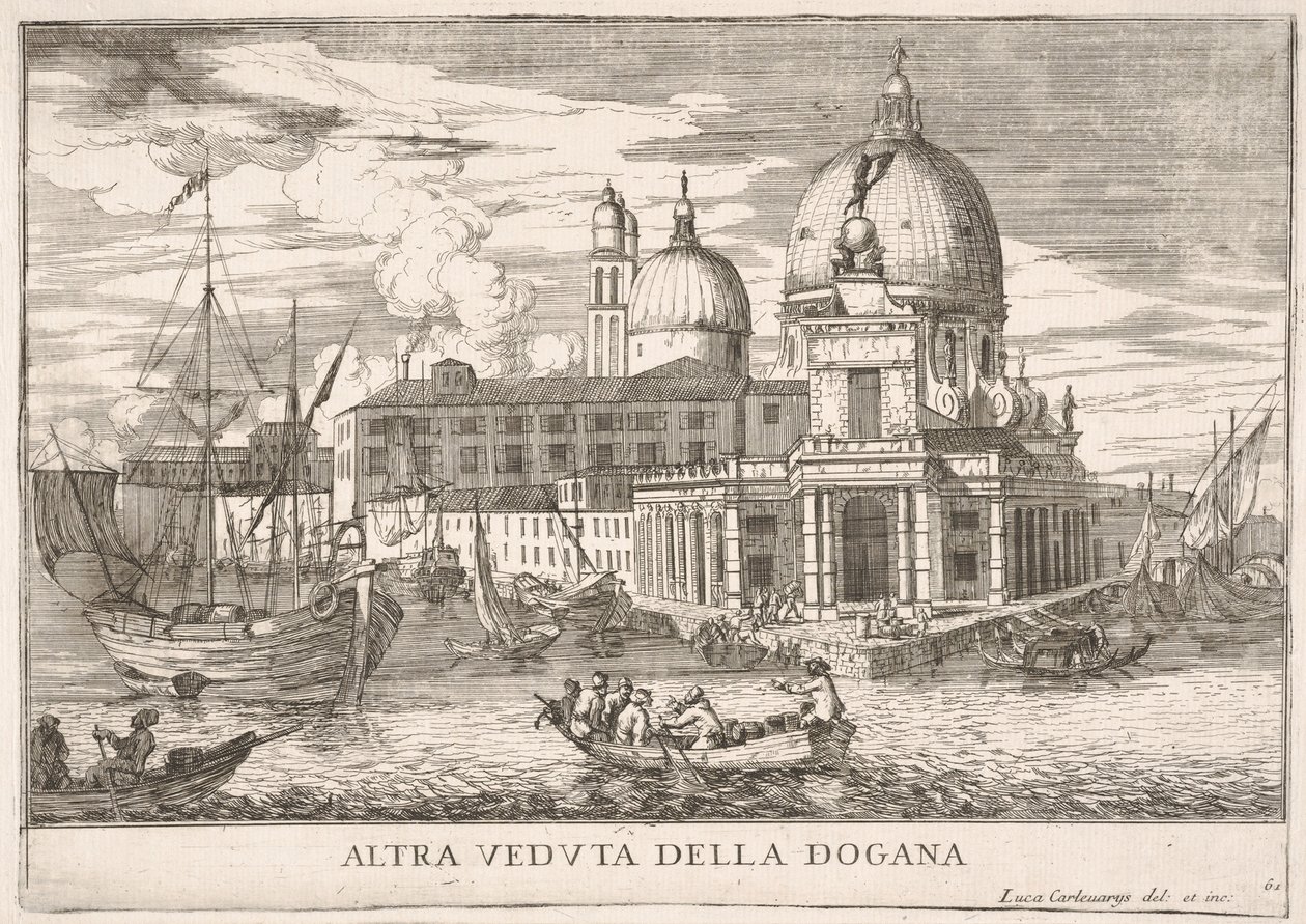 Plate 61: Utsikt over tollhuset Dogana da Mar ved sammenløpet av Canal Grande a..., 1703. av Luca Carlevarijs