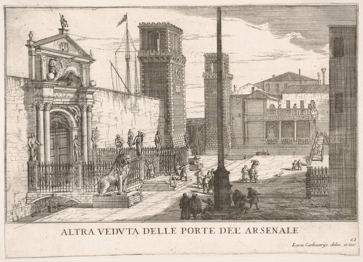 Plate 63: Utsikt over porten til verftet og våpenhuset Arsenale, Venezia, 1703, fr..., 1703. av Luca Carlevarijs