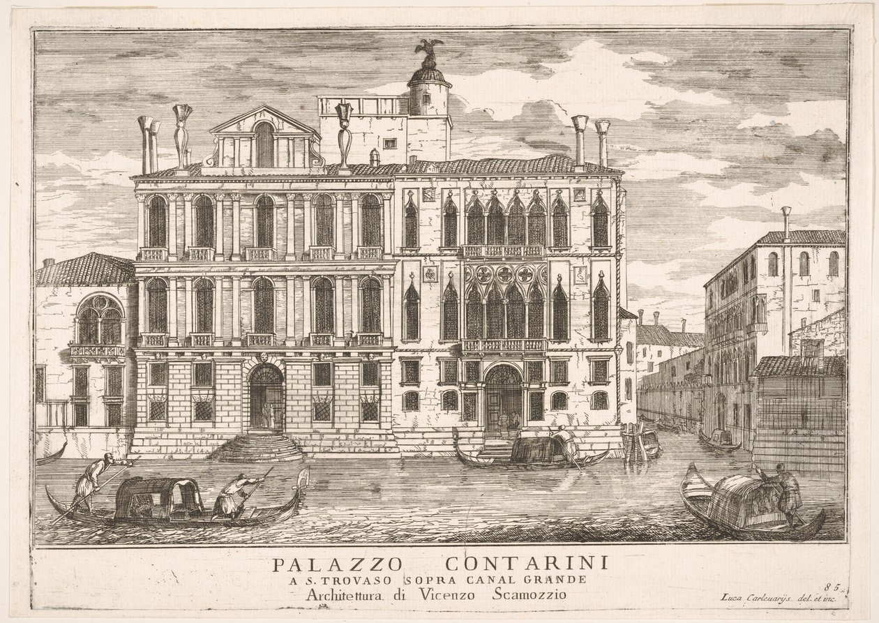 Plate 85: Utsikt over Contarini-palasset i Campo San Trovaso, Venezia, 1703, fra The build..., 1703. av Luca Carlevarijs