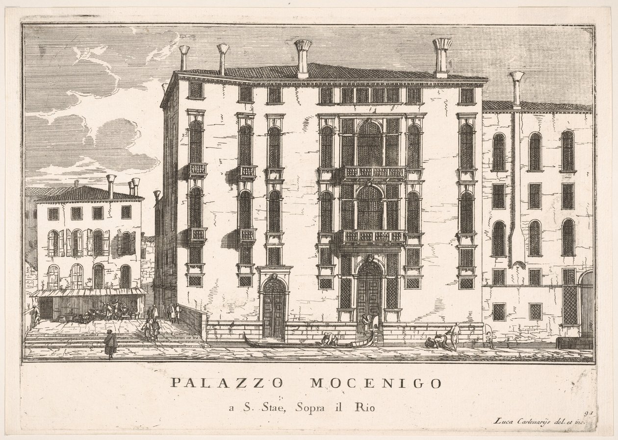 Plate 91: Utsikt over Mocenigo-palasset i Campo San Stae, Venezia, 1703, fra bygningene..., 1703. av Luca Carlevarijs